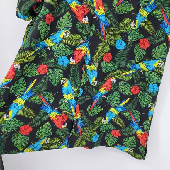 Good Vibes Drill Clothing Co Stretch Multicolor Parrot Hawaiian Button Shirt Lar - Picture 6 of 9